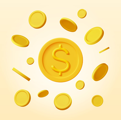 3D Falling Gold Coins Isolated. Money Rain. Round Coin with Dollar Symbol. Render Golden Coins. Growth, Income, Savings, Investment. Symbol of Wealth. Business Success. Vector illustration.