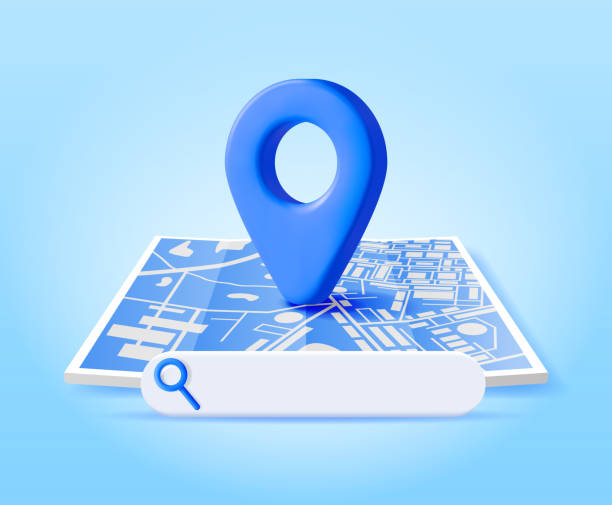 3d location folded paper map, search bar and pin - google stock illustrations