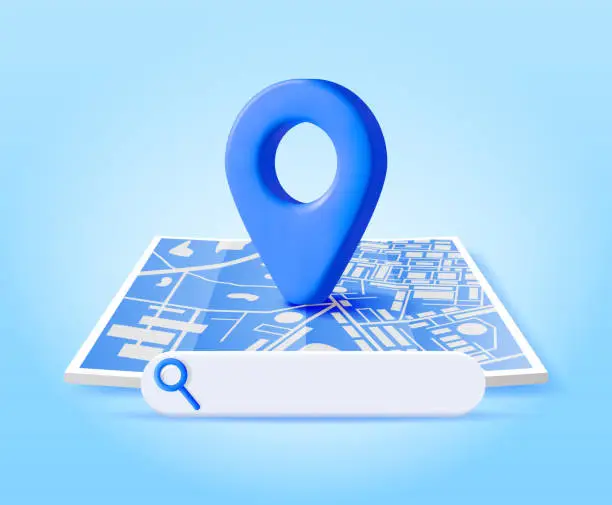 Vector illustration of 3D Location Folded Paper Map, Search Bar and Pin