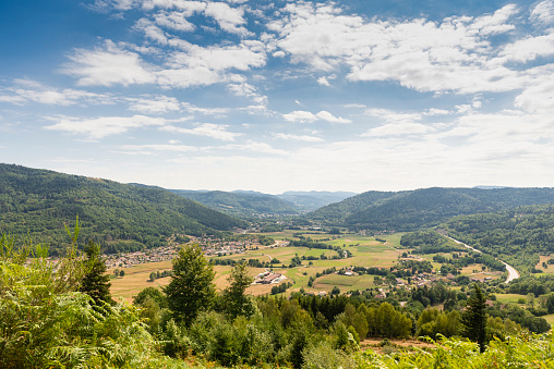 Aerial view of the Moselle Valley in Grand Est Vosges region of France.