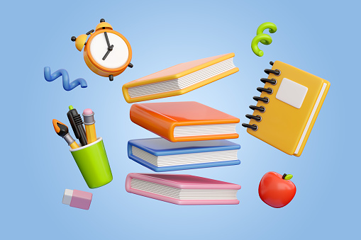 Concept of back to school, learning and onlline education banners. Books stack flying with writing accessories and notebook. 3d high quality render