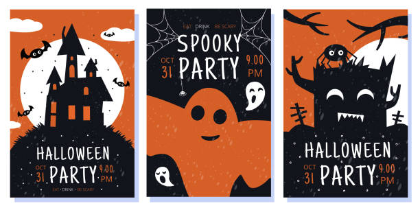 ilustraciones, imágenes clip art, dibujos animados e iconos de stock de cartel de fiesta de halloween. diseño de tarjetas de dibujos animados con calabazas, murciélago nocturno vintage, casa de magos y fantasmas espeluznantes, fondo oscuro, decoración abstracta de otoño. objetos de terror. ilustración de folleto vectorial - witch halloween cauldron bat