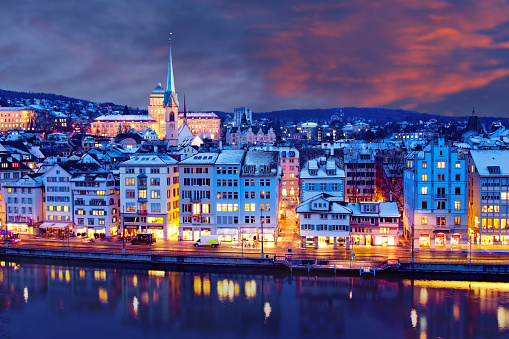 Panoramic view of Zurich city during winter, Switzerland