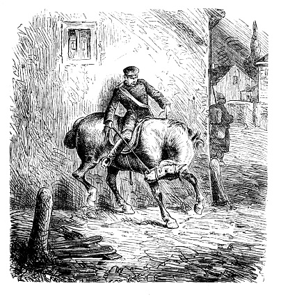 Illustration of a Soldier entering a village with a horse