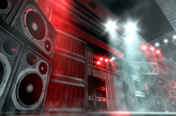 Close up of sound system on a concert stage with large speakers and subwoofers stock photo