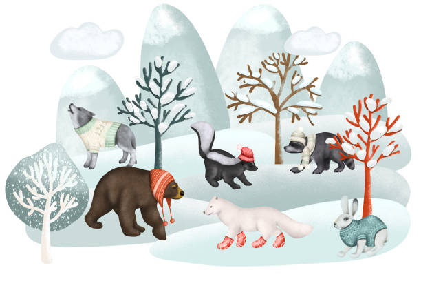 Illustration of woodland animals in warm clothes in winter forest landscape, forest cute characters illustration on white background Illustration of woodland animals in warm clothes in winter forest landscape, forest cute characters illustration on white background december clipart pictures stock illustrations