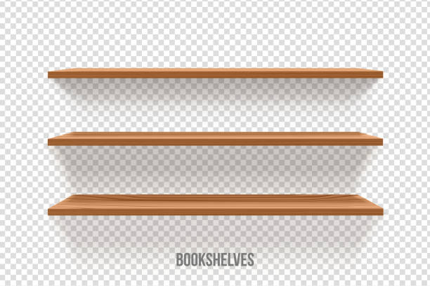 Vector set of wooden shelves isolated on wall