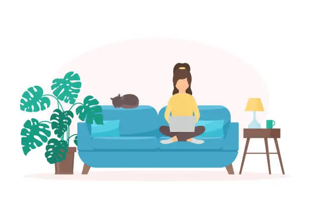 Vector illustration of Woman with laptop.