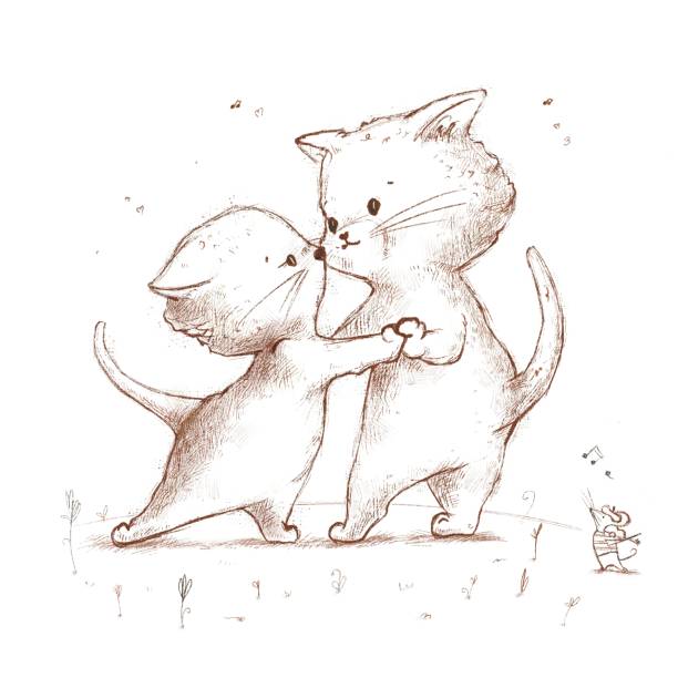Cute cats dancing tango vector art illustration