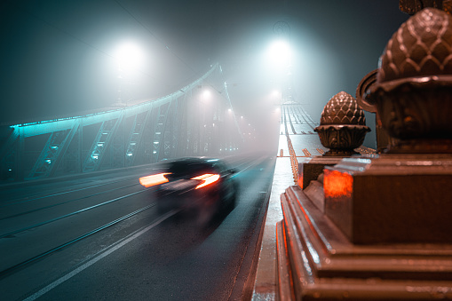 Foggy night at the Liberty bridge, Budapest, Hungary