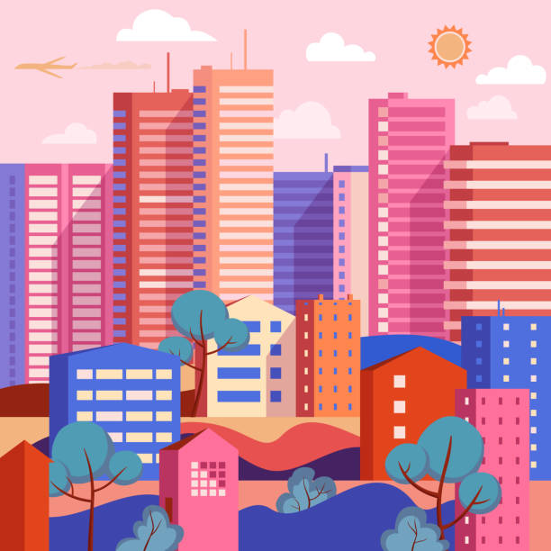Vector illustration in geometric flat style - city landscape with buildings, hills, bushes and trees. vector art illustration