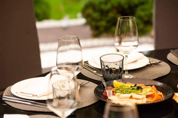 istock Served table. Restaurant. Outdoor party preparing. Wedding 1415777989
