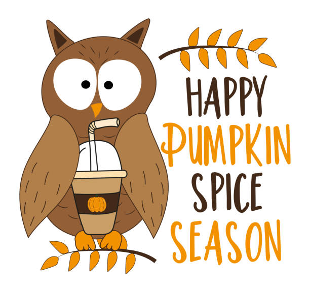 ハッピーカボチャスパイスシーズン - カボチャスパイスラテと面白い手描きフクロウ。 - latté pumpkin spice coffee点のイラスト素材／クリップアート素材／マンガ素材／アイコン素材