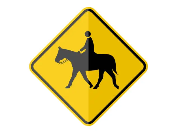 Vector illustration of isolated silhouette horse and man crossing road sign symbol on round diamond square board for information, notification, alert post, road or street board etc. flat paperwork vector design.