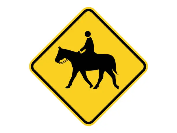 Vector illustration of isolated silhouette horse and man crossing road sign symbol on round diamond square board for information, notification, alert post, road or street board etc. flat vector design.