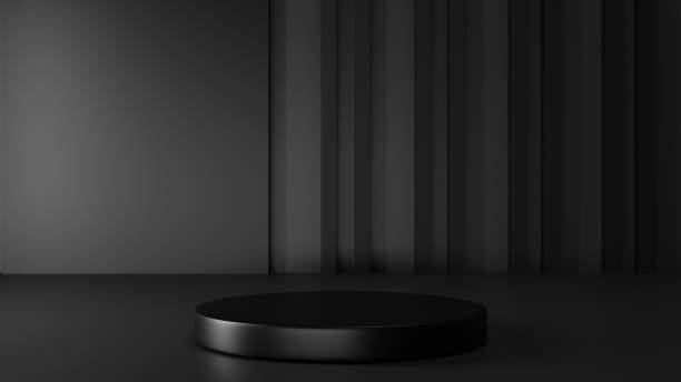 istock Cylinder empty black podium, dark pedestal stand display, blank stage for product showcase 1415780096