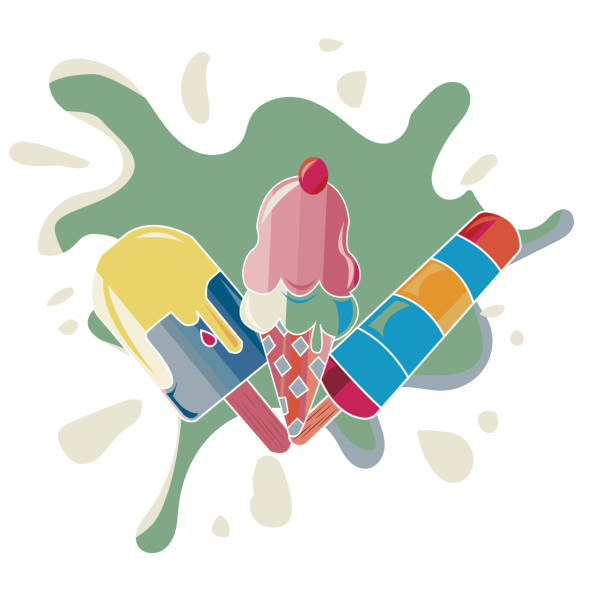 istock Vector set of shiny shamrock, arylide yellow, cinnamon satin, middle red , cadet grey color ice candy, cone ice cream and milk ice candy with ice cream splash on background. textile design, wallpaper. 1415782593
