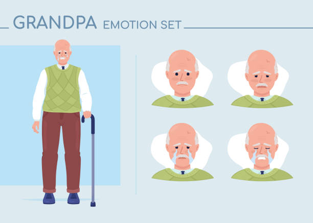 Sad senior man semi flat color character emotions set Sad senior man semi flat color character emotions set. Editable facial expressions. Negativity vector style illustration for motion graphic design and animation. Comfortaa font used clip art of a old man crying stock illustrations