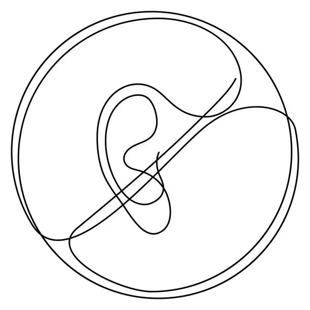 Vector illustration of Continuous line drawing of ear crossed. Hearing problems, poor communication concept. Vector illustration.