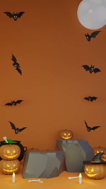 3d render display product podium for social media post, helloween day celebration theme concept with monster pumpkin, bat, spider web, cauldron and witch hat