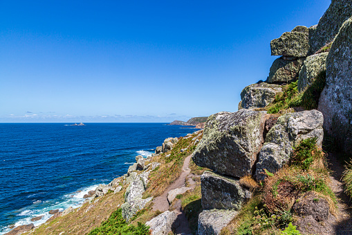 The rugged Cornish coastline on a sunny summer's day