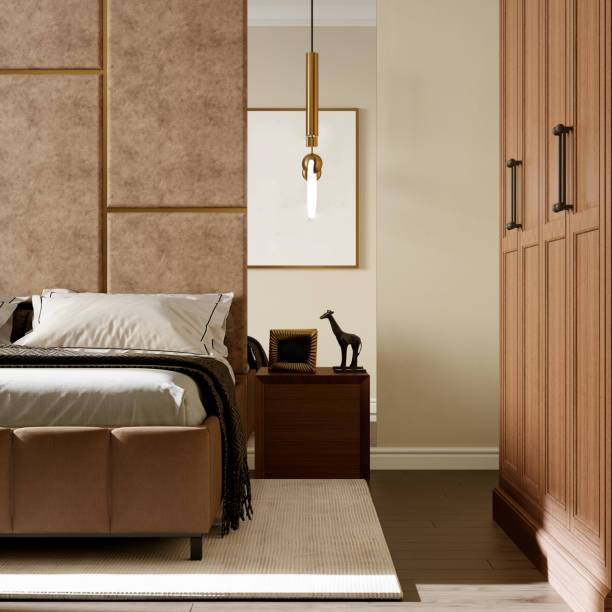 istock Modern bedroom interior in brown tones with beige tiled wall. 3d rendering 1415788725