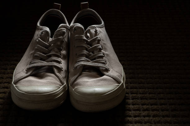 istock Tan Canvas Sneakers on Entry Rug in a Dark Room 1415791906