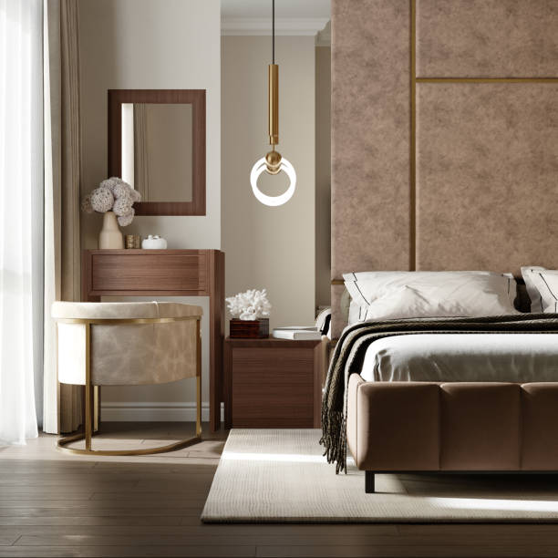 istock Modern bedroom interior in brown tones with beige tiled wall. 3d rendering 1415792071