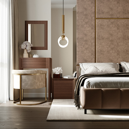 3d rendering. Modern bedroom interior in brown tones with beige tiled wall.