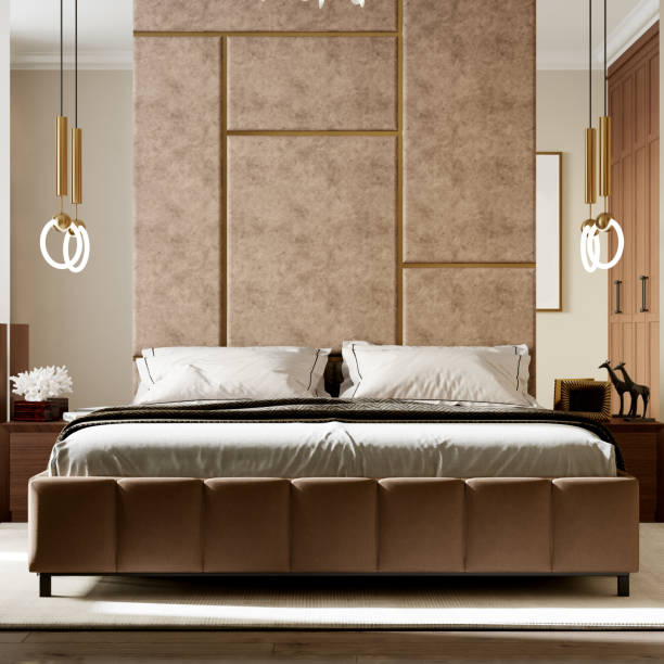 istock Modern bedroom interior in brown tones with beige tiled wall. 3d rendering 1415792419