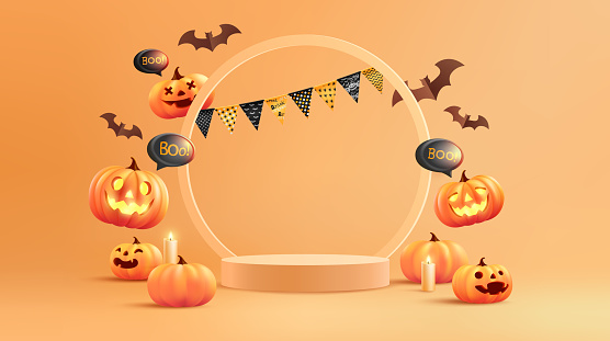 Halloween with pumpkin and empty minimal podium pedestal product display background and Halloween Elements. Website spooky,Background or banner Halloween template