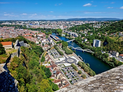 The image shows shows the Dubs river with the city Besancon. Captured during summer season.