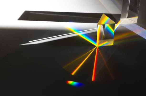 istock Photo of two triangular Prisms dispersing sun beam splitting into a spectrum on white background 1415794993