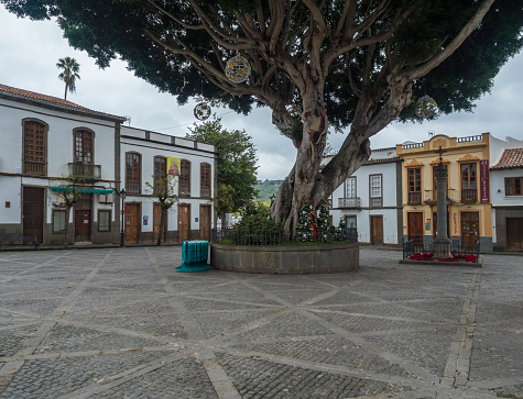 Teror, Gran Canaria, Canary Islands, Spain December 21, 2020: Plaza Nuestra Senora del Pino, main square of beautiful historic town Teror with traditional spanish colonial architecture.