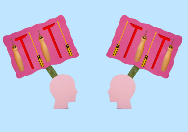 istock pink paper head looking above them cloud with tools, two masters, creative art design 1415796492