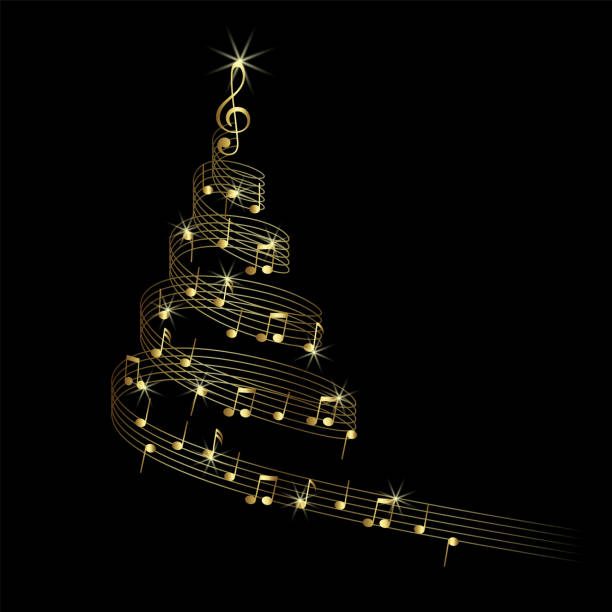 abstract christmas tree with music pentagram. gold christmas tree with musical notes - 五角星 插圖 幅插畫檔、美工圖案、卡通及圖標