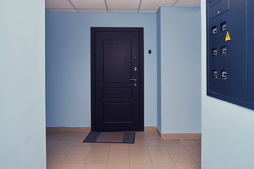 Dark brown door in the entrance of an apartment building with blue corridor walls