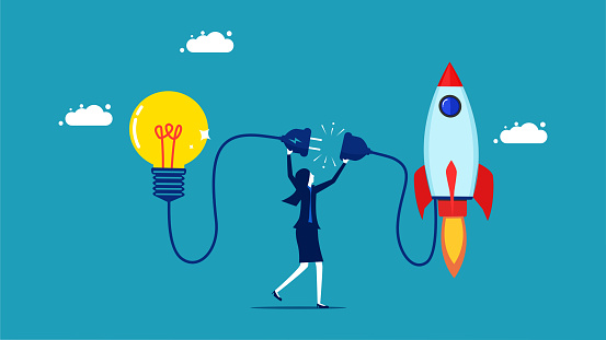 Business with creativity. businesswoman connects a light bulb to a rocket vector