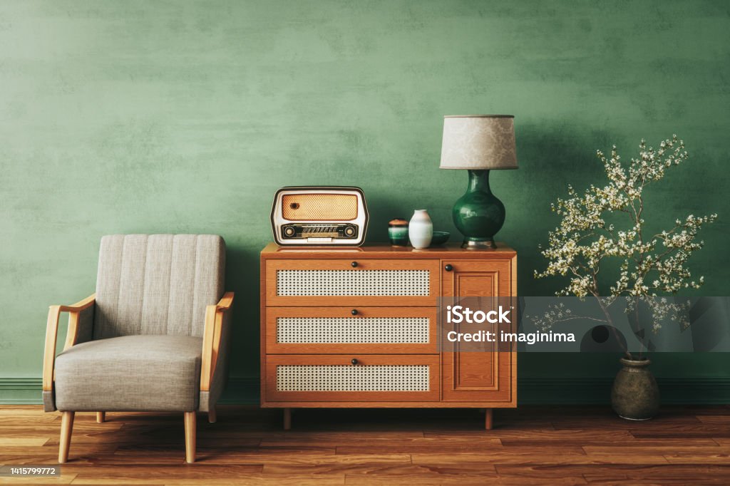 Home Interior With Vintage Furniture Retro living room with stylish furniture and vintage accessories. Retro Style Stock Photo