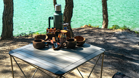 Table chair and camping by the lake