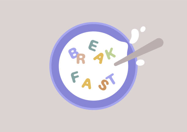 A top view of a bowl with milk and colorful cereals shaped as letters, a breakfast concept A top view of a bowl with milk and colorful cereals shaped as letters, a breakfast concept grain bowl stock illustrations