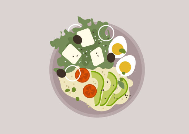 A top view of a vegetable salad with quinoa and eggs, healthy eating A top view of a vegetable salad with quinoa and eggs, healthy eating atkins diet stock illustrations