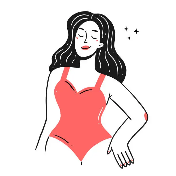 Vector illustration of A girl in a swimsuit is sunbathing in the sun. The character woman in a linear doodle style. Vector illustration.