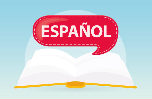 espanol (испанский язык) написано на речевом пузыре над открытой книгой, концепция изучения языка - wisdom university single word student stock illustrations