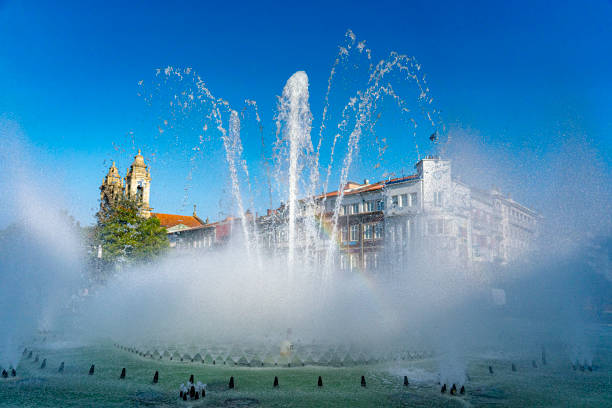 public garden fountain sprouting water with frozen effect, Braga city stock photo