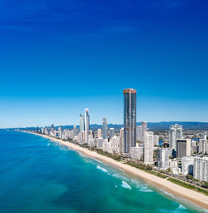 Aerial view of the stunning Gold Coast skyline on a sunny day, Queensland, Australia