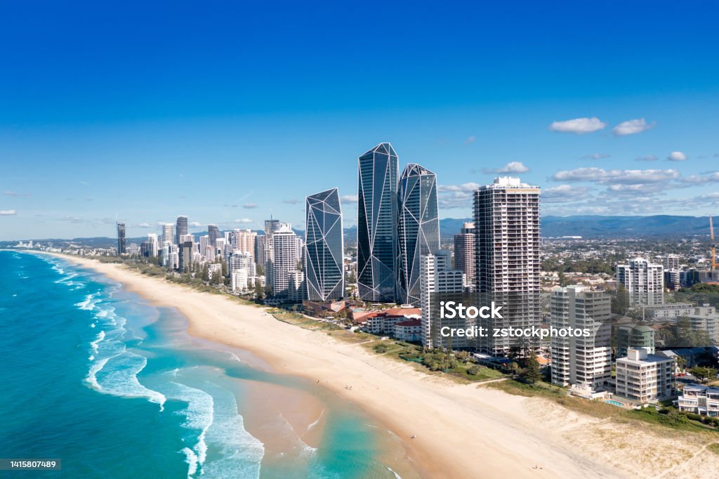 Aerial view of the stunning Gold Coast skyline Aerial view of the stunning Gold Coast skyline on a sunny day, Queensland, Australia Gold Coast - Queensland Stock Photo