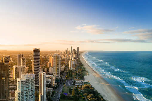 Aerial view of Broadbeach at sunset, Queensland, Australia