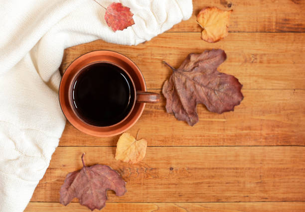 istock autumn dry leaves, coffee mug and plaid on table 1415808162