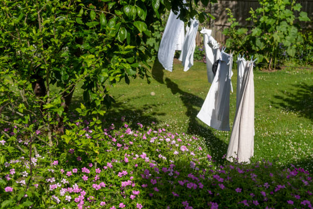 istock Laundry hung out to dry on a washing line 1415809081